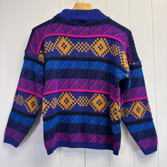 Vintage Croquet Club Womens 80s 90s Geometric Striped Sweater Size M Ribbed Cozy - Picture 2 of 8